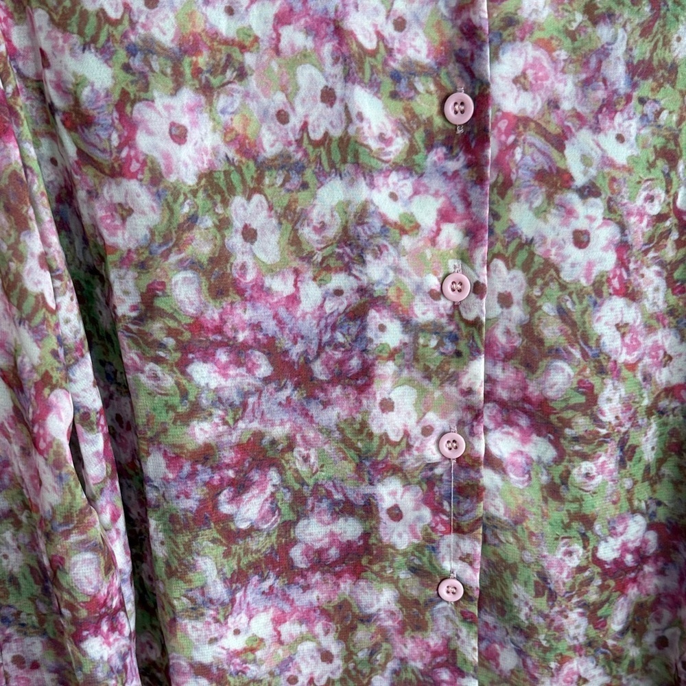 Floral Button-up Blouse - Pink and Green with Puff Sleeves, Size Large - Picture 2 of 5